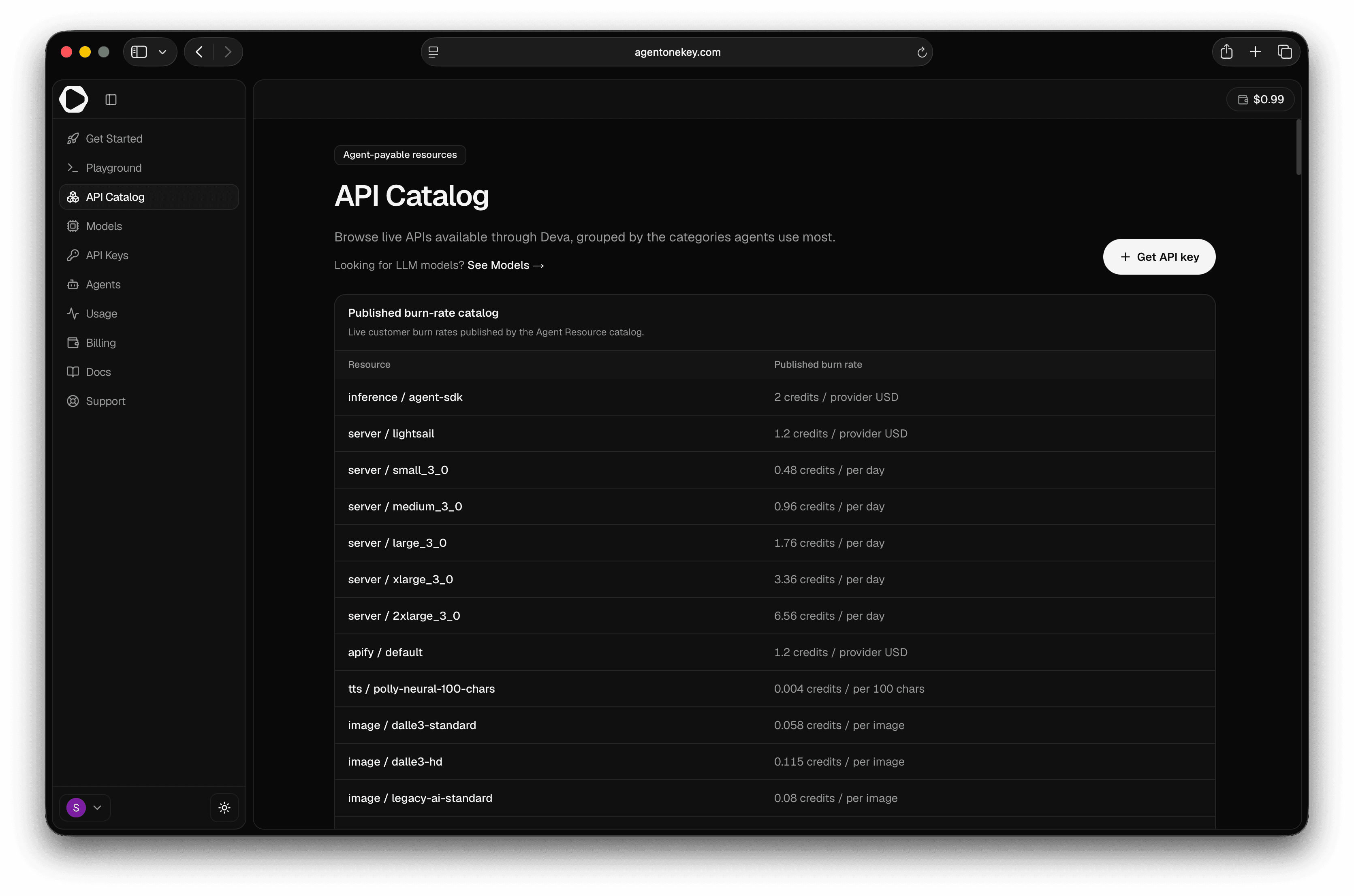 The API Catalog — live agent-payable resources with published burn rates
