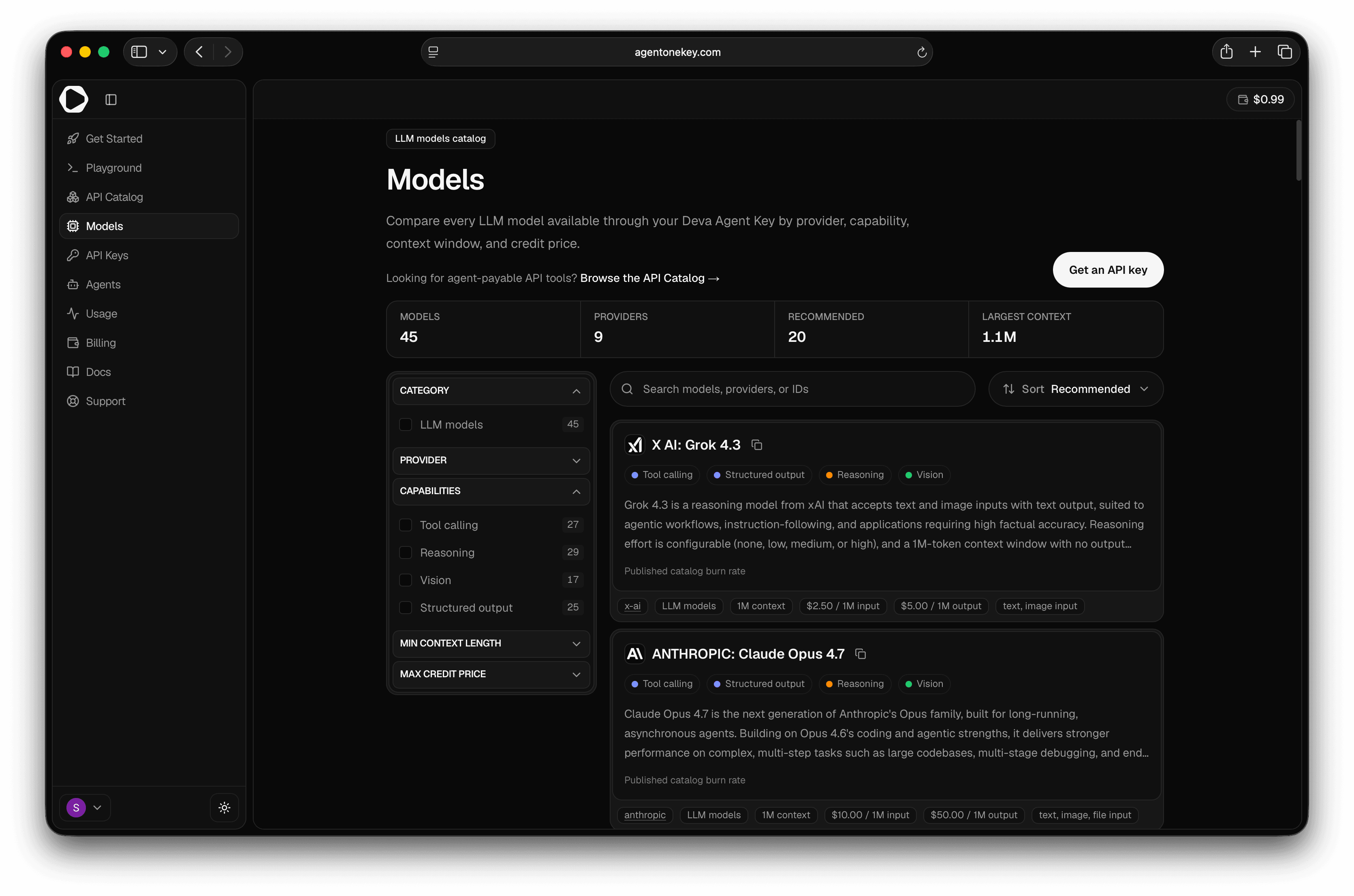 The Models catalog — filter by capability, provider, context window, and credit price