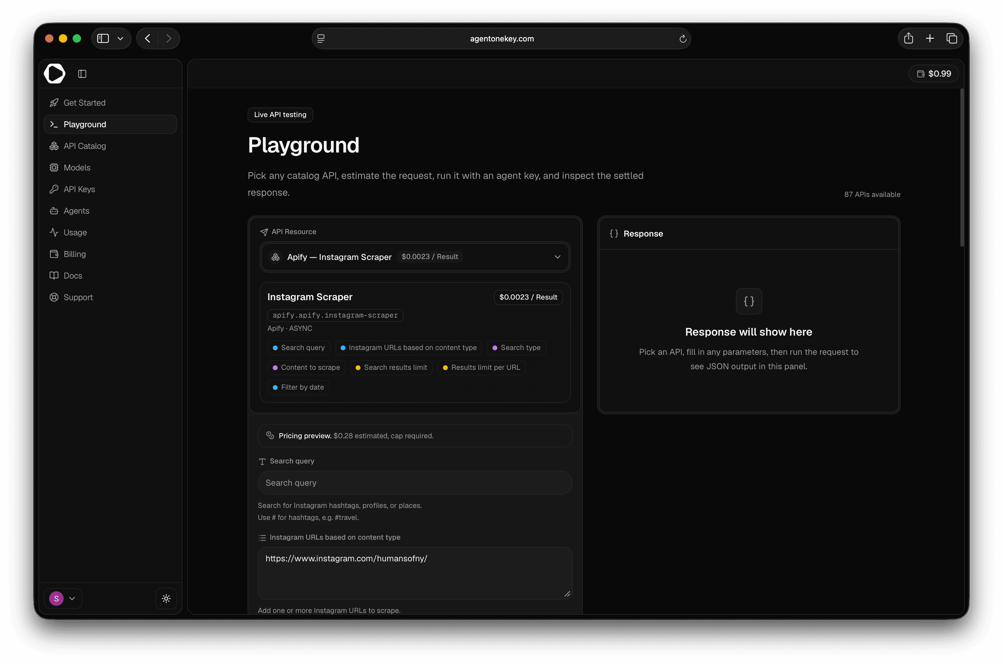 Playground request panel — pick an API resource, fill parameters, and inspect the response